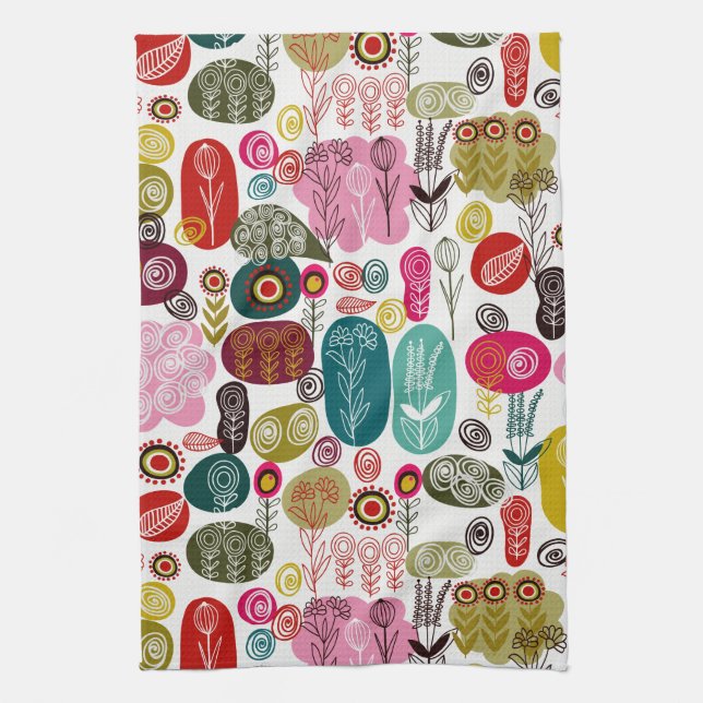 Colourful Retro Hand Drawn Flowers Illustration Kitchen Towel (Vertical)