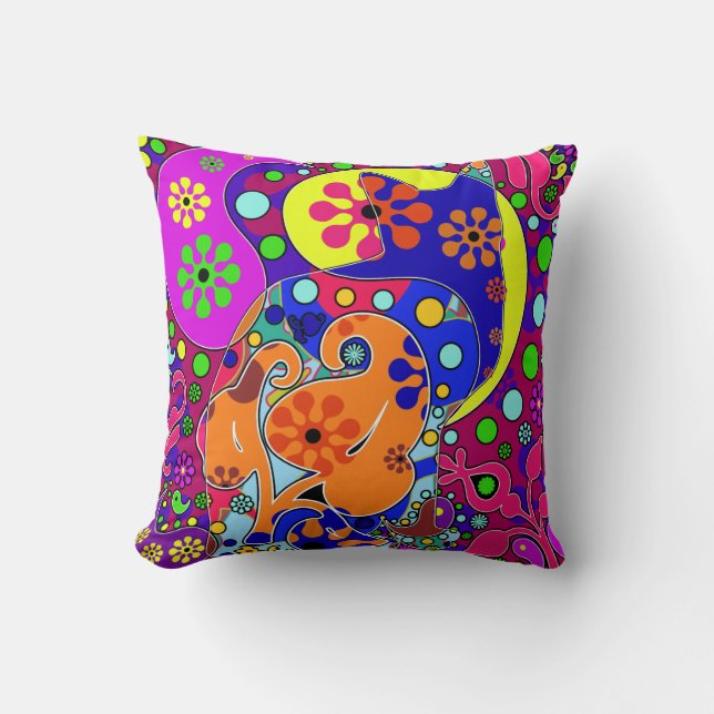 Colourful Retro Hippie Cat Throw Pillow (Front)