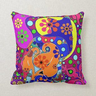 Colourful Retro Hippie Cat Throw Pillow