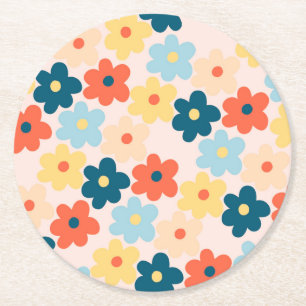 Colourful Retro Hippie Flower Pattern Round Paper Coaster