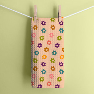Colourful Retro Hippie Flowers on Cream Kitchen Towel