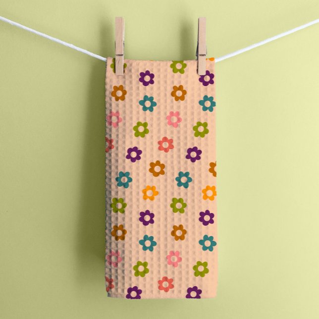 Colourful Retro Hippie Flowers on Cream Kitchen Towel (Creator Uploaded)