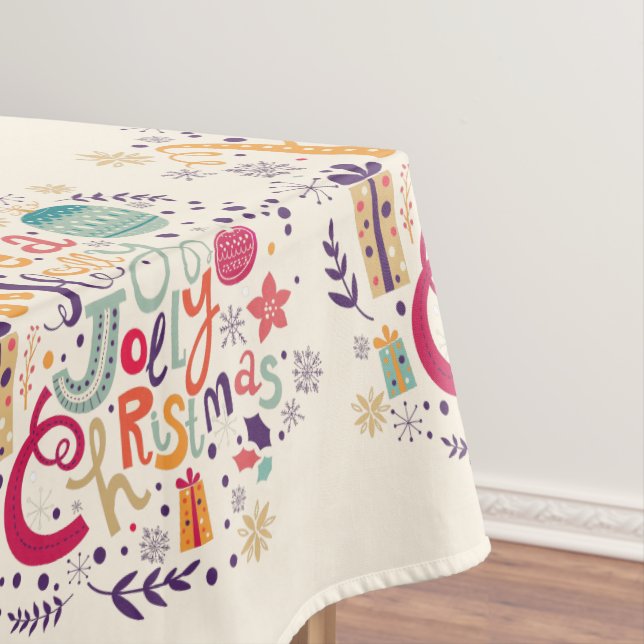 Colourful Retro Holly Jolly Christmas Text Design Tablecloth (In Situ)