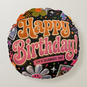 Colourful Retro-Inspired Design with Typography Round Pillow