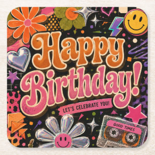 Colourful Retro-Inspired Design with Typography Square Paper Coaster