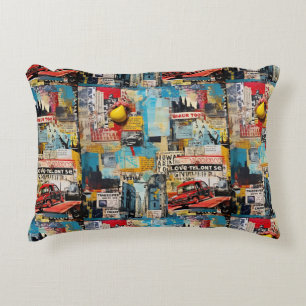Colourful retro junk travel grunge style collage accent pillow