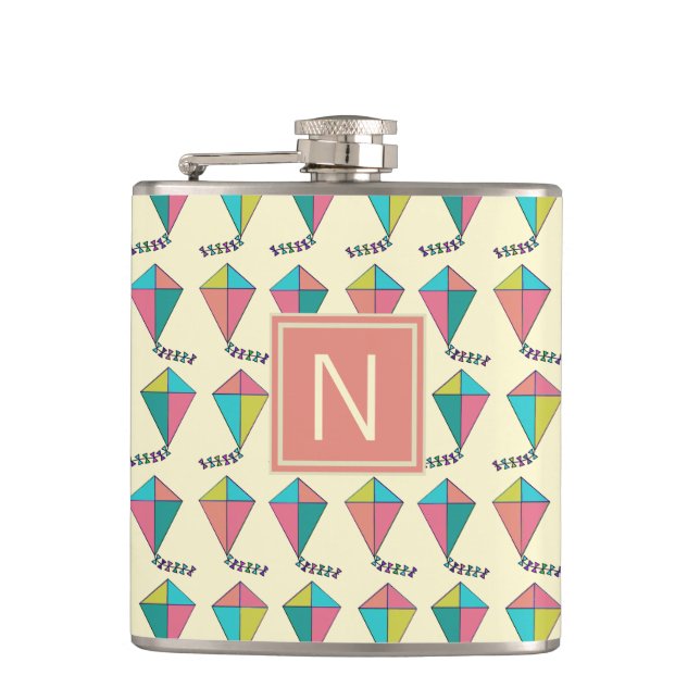 Colourful Retro Kite Pattern Monogram Hip Flask (Front)