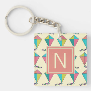 Colourful Retro Kite Pattern Monogram Keychain