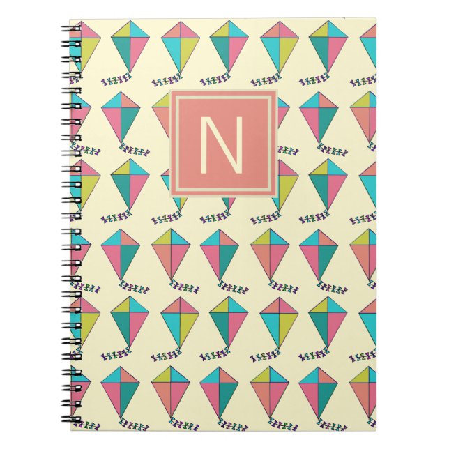 Colourful Retro Kite Pattern Monogram Notebook (Front)