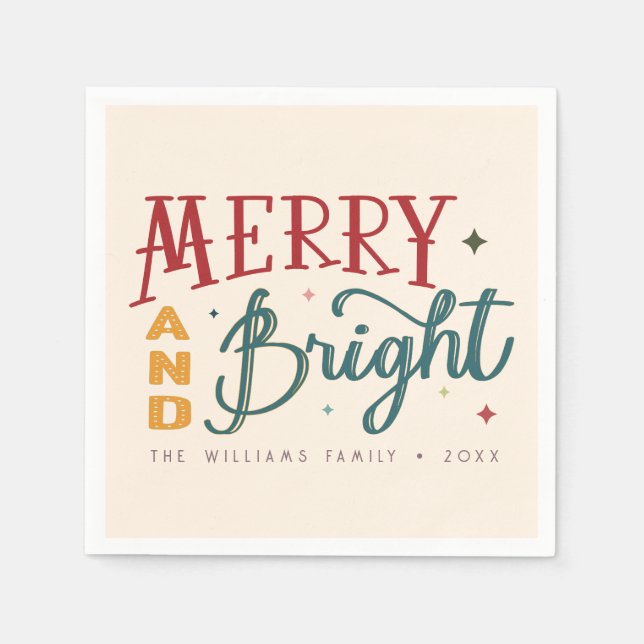 Colourful Retro Merry and Bright Christmas Napkin (Front)