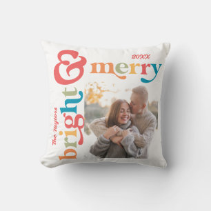 Colourful Retro Merry & Bright Christmas Photo Throw Pillow