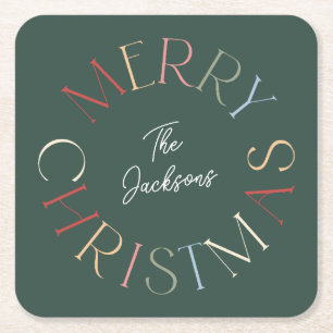 Colourful Retro Merry Christmas Family Name Square Paper Coaster