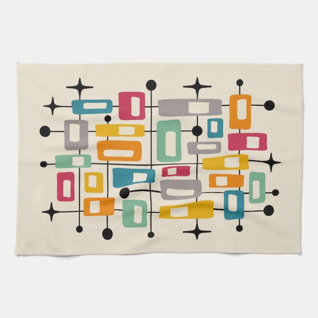 Colourful Retro Mid Century Modern Atomic Abstract Kitchen Towel (Horizontal)