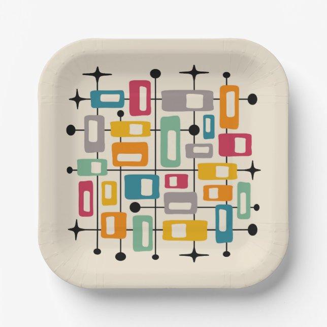 Colourful Retro Mid Century Modern Atomic Abstract Paper Plate (Front)