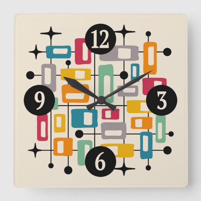 Colourful Retro Mid Century Modern Atomic Abstract Square Wall Clock (Front)
