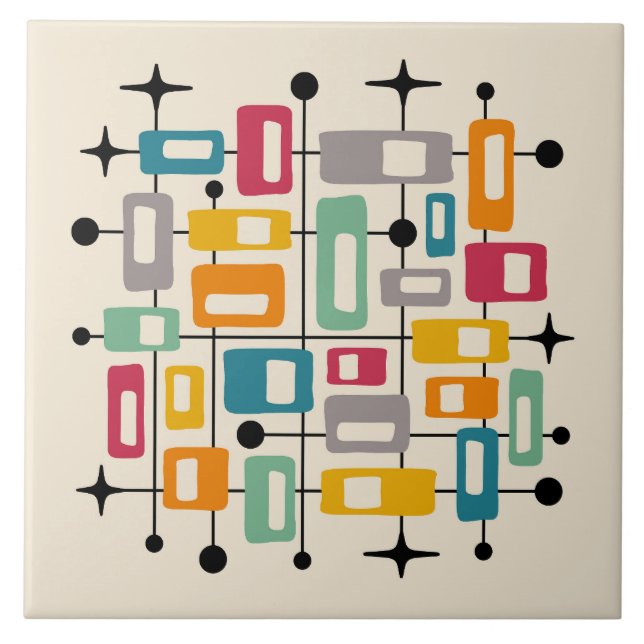 Colourful Retro Mid Century Modern Atomic Abstract Tile (Front)
