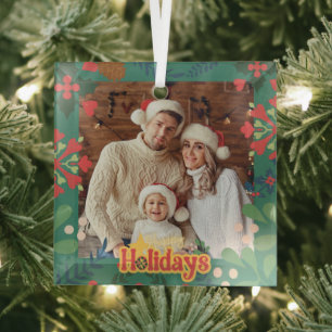 Colourful retro modern Christmas botanical card Glass Ornament