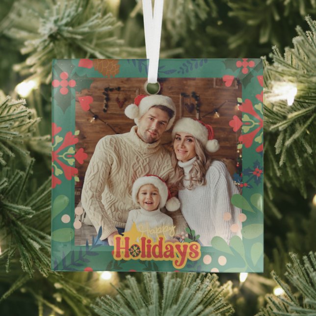 Colourful retro modern Christmas botanical card Glass Ornament (Insitu)