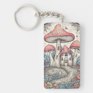 Colourful Retro Mushroom Hut Illustration Keychain