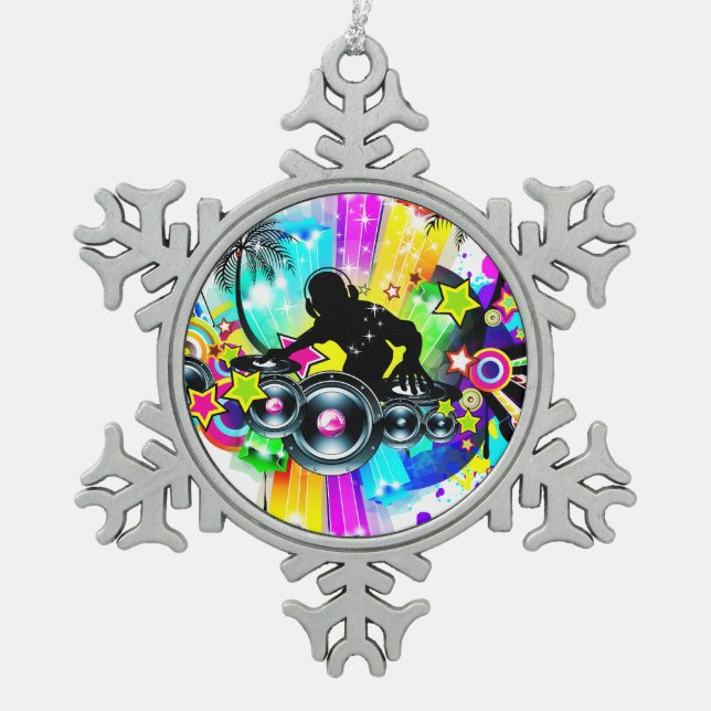 Colourful Retro Music DJ Design Snowflake Pewter Christmas Ornament (Front)