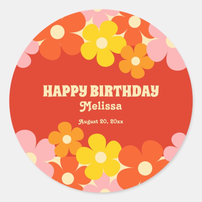 Colourful Retro Orange Boho Flower 50th Birthday Classic Round Sticker (Front)