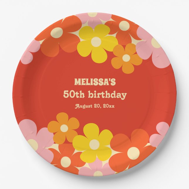 Colourful Retro Orange Boho Flower 50th Birthday Paper Plate (Front)