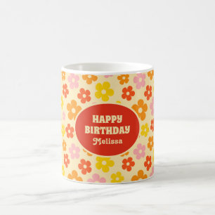 Colourful Retro Orange Boho Flower Happy Birthday  Coffee Mug