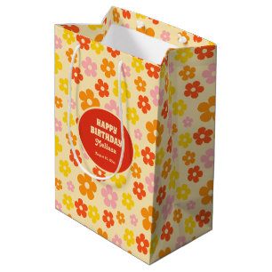 Colourful Retro Orange Boho Flower Happy Birthday Medium Gift Bag