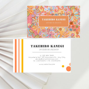 Colourful Retro orange & pink Coral Floral Pattern Business Card