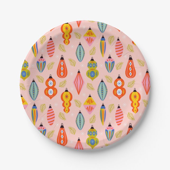 Colourful Retro Ornaments Christmas Pattern Paper Plate (Front)