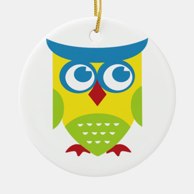 Colourful Retro Owl Ceramic Ornament (Front)