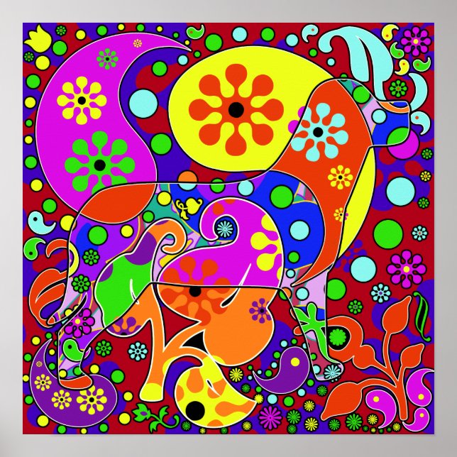 Colourful Retro Paisley Pop Art Dog Poster (Front)