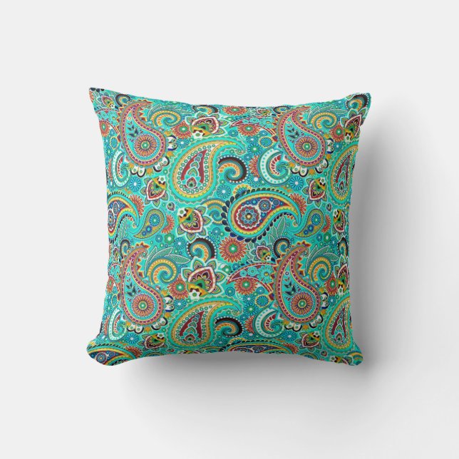 Colourful Retro Paisley Throw Pillow (Front)