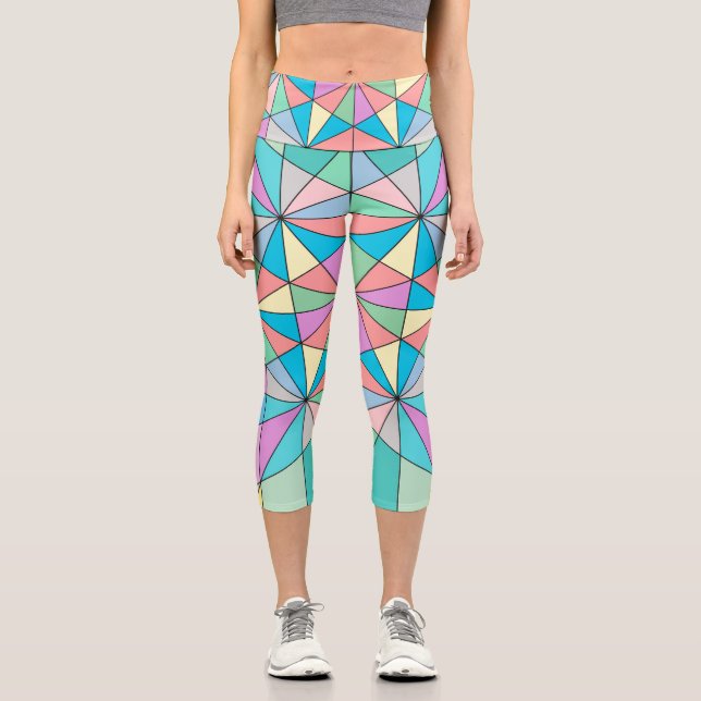 Colourful retro Pastel Mosaic Triangle Star Patter Capri Leggings (Front)