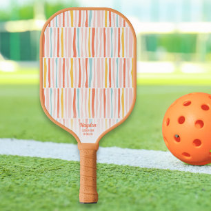 Colourful Retro Pastel Stripes Personalized Text Pickleball Paddle