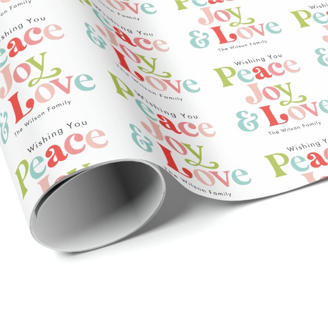 Colourful Retro Peace Joy & Love Christmas Family Wrapping Paper (Roll Corner)