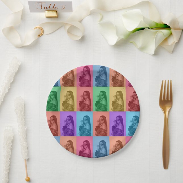 Colourful Retro Pop Art Modern Custom Photo Grid Paper Plate (Wedding)