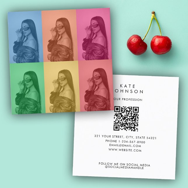 Colourful Retro Pop Art Modern Custom Photo Grid Square Business Card (Colorful Retro Pop Art Modern Custom Photo Grid Square Business Card)