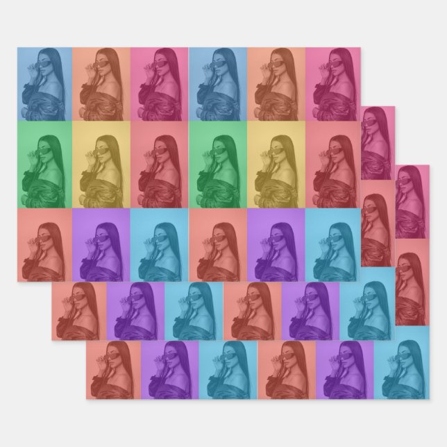 Colourful Retro Pop Art Modern Custom Photo Grid Wrapping Paper Sheet (Set)
