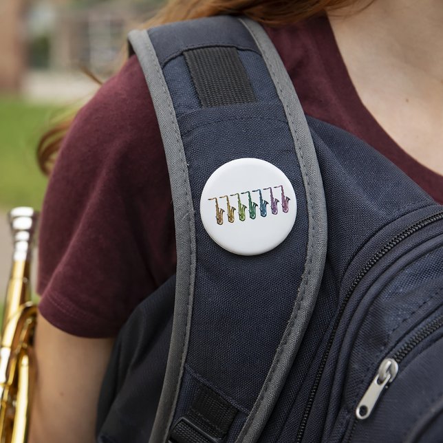 Colourful Retro Pop Art Saxophone Pattern Musician 2 Inch Round Button (A pin back button with a rainbow saxophone design)