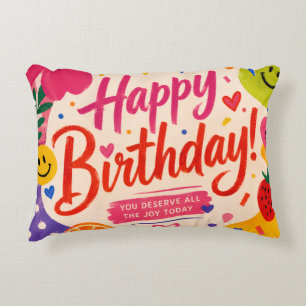 Colourful Retro Pop Birthday Greeting with Flowers Accent Pillow