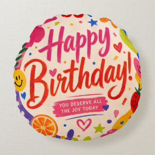 Colourful Retro Pop Birthday Greeting with Flowers Round Pillow