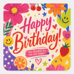 Colourful Retro Pop Birthday Greeting with Flowers Square Sticker