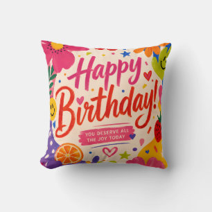 Colourful Retro Pop Birthday Greeting with Flowers Throw Pillow