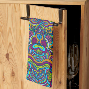 Colourful Retro Psychedelic Abstract Swirls Kitchen Towel
