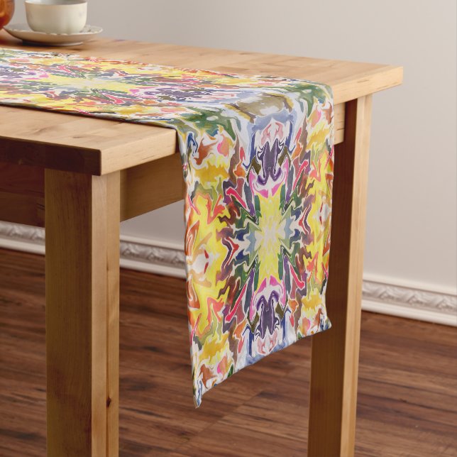 Colourful Retro Psychedelic Kaleidoscope Abstract Short Table Runner (In Situ)