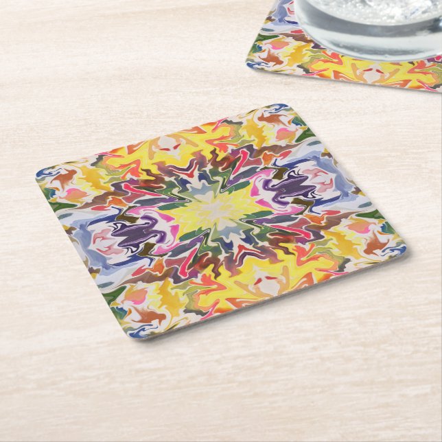 Colourful Retro Psychedelic Kaleidoscope Abstract Square Paper Coaster (Angled)