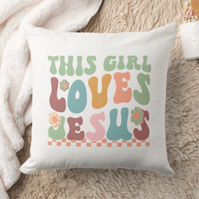 Colourful Retro Quote This Girl Loves Jesus Throw Pillow (Blanket)