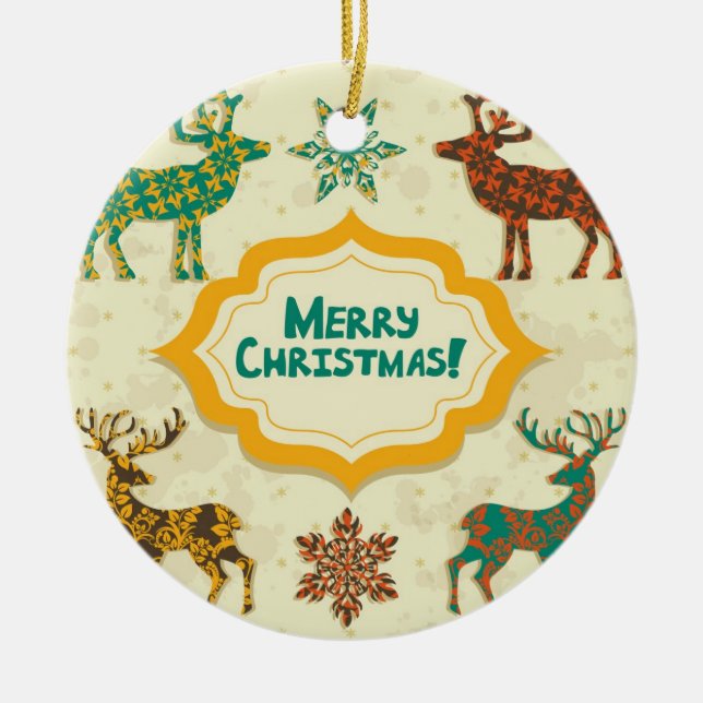 Colourful Retro Rain-Deer Merry Christmas Ceramic Ornament (Front)