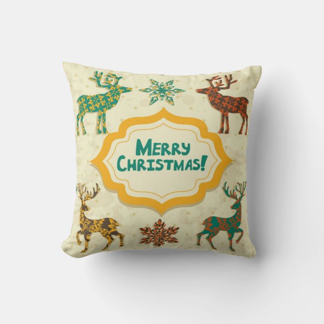 Colourful Retro Rain-Deer Merry Christmas Throw Pillow (Front)